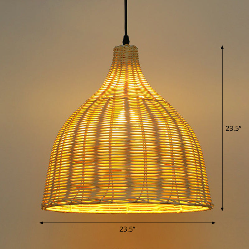 Bell Shade Tea Room Pendant Lighting Bamboo Single-Bulb Asian Ceiling Suspension Lamp in Wood Wood 23.5