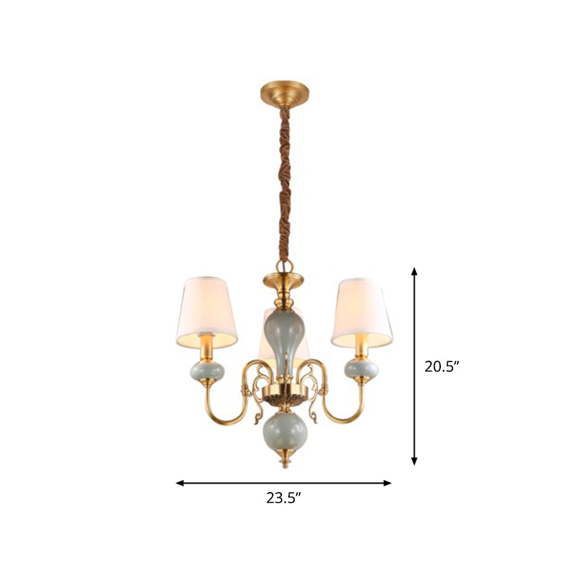 3 Heads Chandelier Traditional Tapered Shade Fabric Ceiling Light in Gold for Dining Room Clearhalo 'Ceiling Lights' 'Chandeliers' 'Modern Chandeliers' 'Modern' Lighting' 2415473