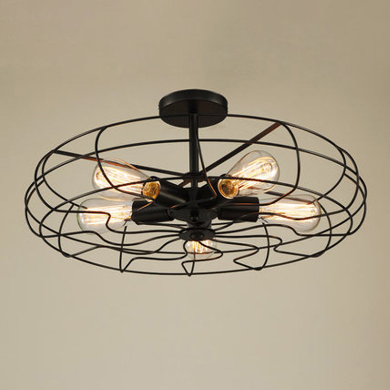 Iron Wire Round Suspension Lamp Industrial 5-Head Bedroom Chandelier Light in Black Black Clearhalo 'Cast Iron' 'Ceiling Lights' 'Chandeliers' 'Industrial Chandeliers' 'Industrial' 'Metal' 'Middle Century Chandeliers' 'Rustic Chandeliers' 'Tiffany' Lighting' 2415743