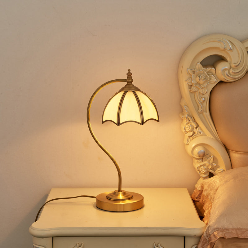 Brass Gooseneck Table Light Vintage Metal 1 Bulb Bedroom Night Light with Scalloped White Glass Shade Brass Clearhalo 'Lamps' 'Table Lamps' Lighting' 2415852