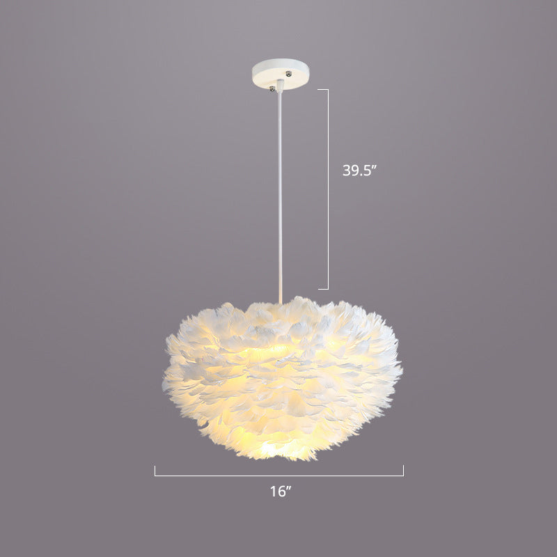 Bedroom Suspension Light Fixture Nordic Style Drop Pendant with Dome Feather Shade White 16