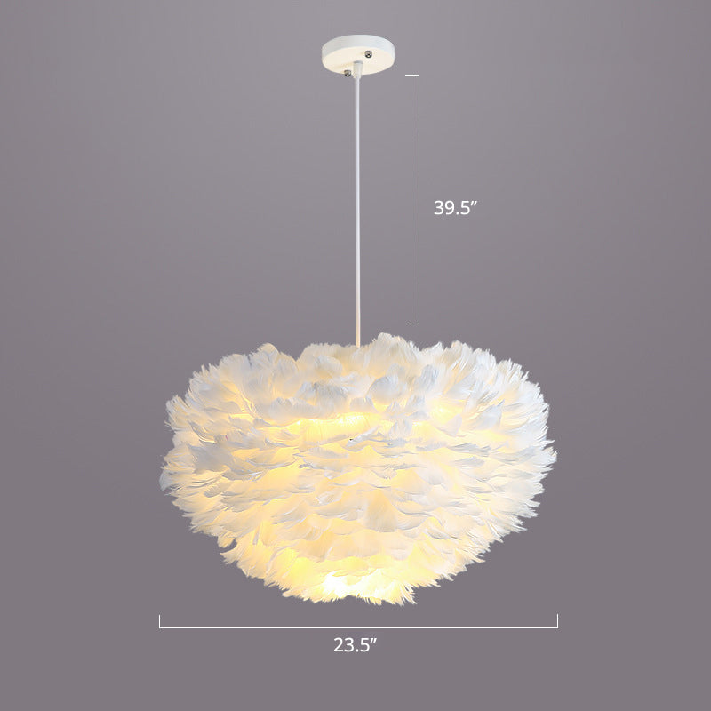 Bedroom Suspension Light Fixture Nordic Style Drop Pendant with Dome Feather Shade White 23.5