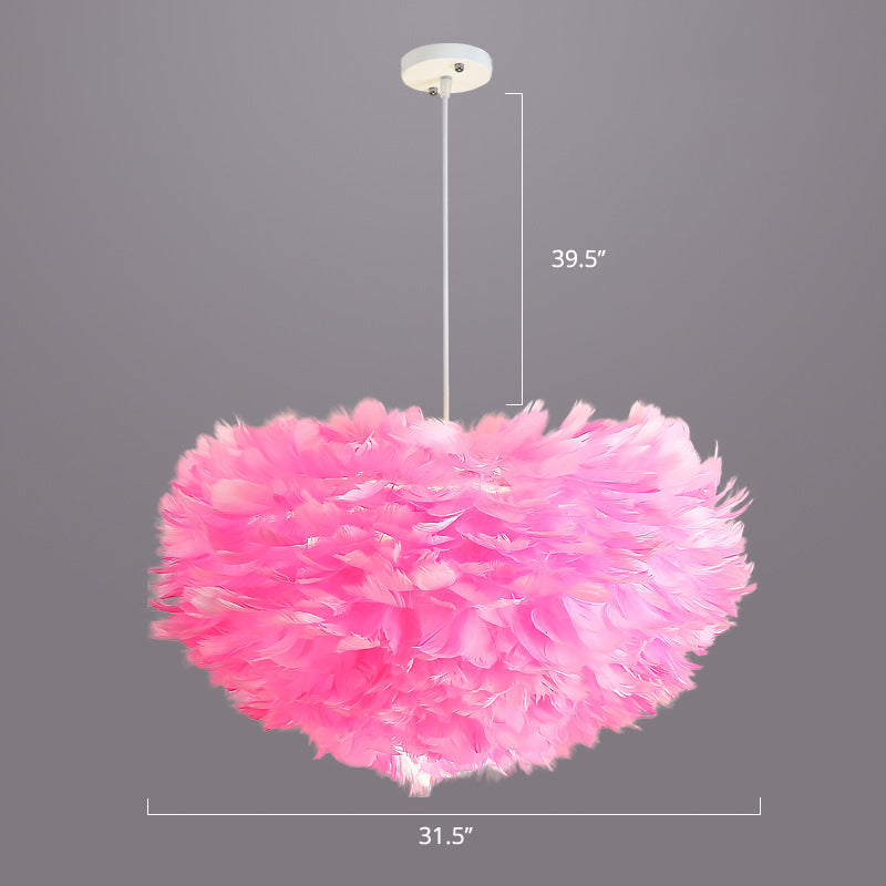 Bedroom Suspension Light Fixture Nordic Style Drop Pendant with Dome Feather Shade Pink 31.5