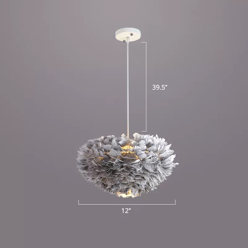 Bedroom Suspension Light Fixture Nordic Style Drop Pendant with Dome Feather Shade Grey 12