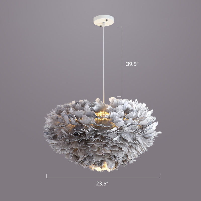 Bedroom Suspension Light Fixture Nordic Style Drop Pendant with Dome Feather Shade Grey 23.5