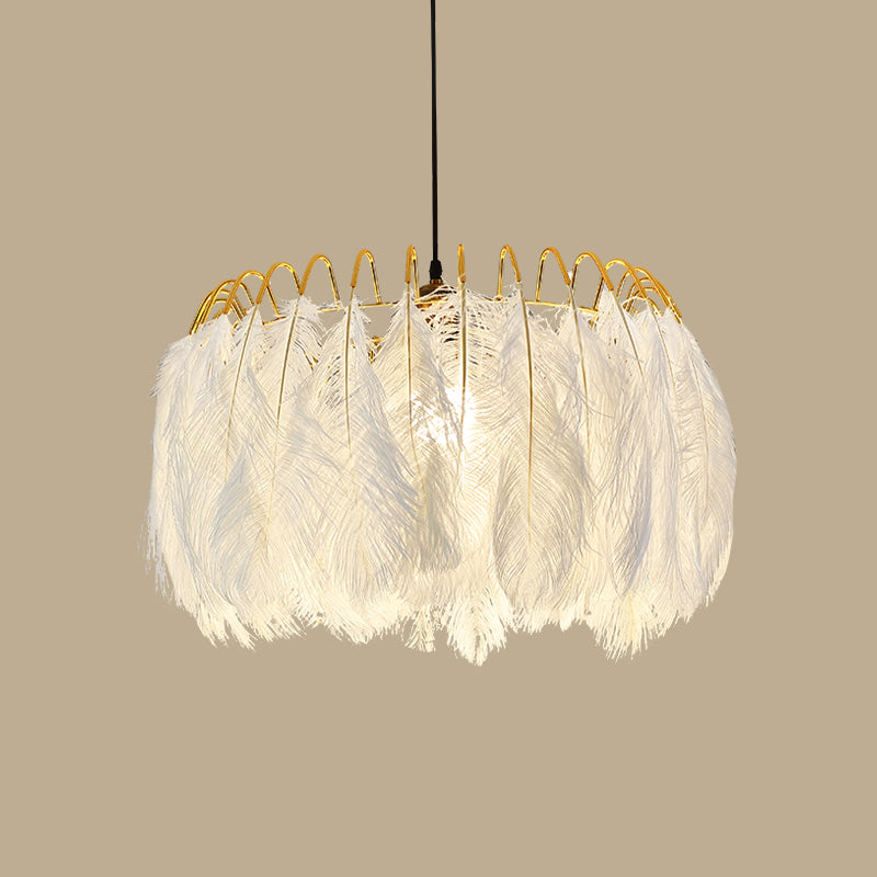 Round Feather Hanging Lamp Postmodern White Chandelier Light Fixture for Living Room White 27.5