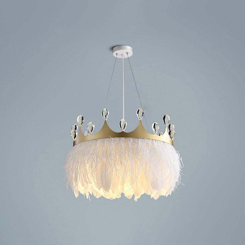 Feather Crown Pendant Lighting Minimalist 1 Head White Suspension Light with Crystal Deco White 14