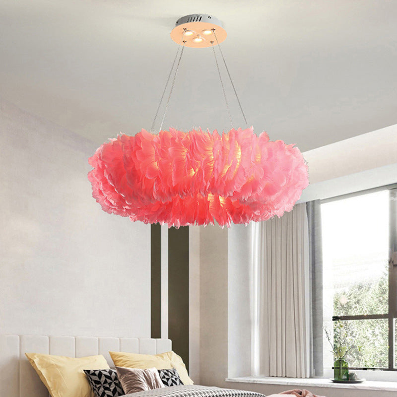 Nordic Loop Shaped Chandelier Pendant Feather Dining Room Suspended Lighting Fixture Pink Clearhalo 'Ceiling Lights' 'Chandeliers' 'Modern Chandeliers' 'Modern' Lighting' 2415951