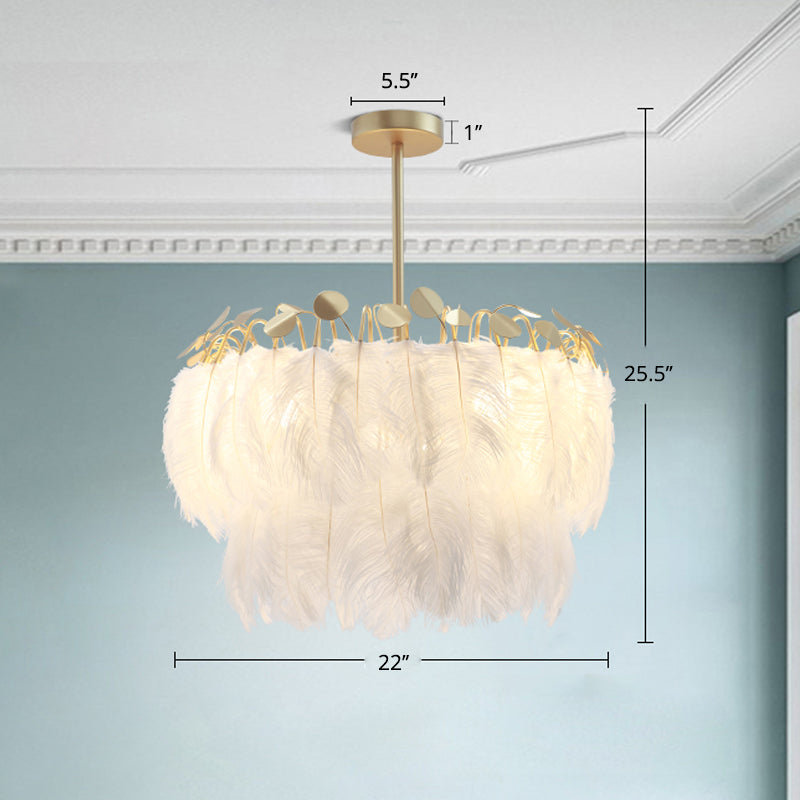 Round Chandelier Light Fixture Postmodern Feather White Hanging Lamp for Bedroom White 22