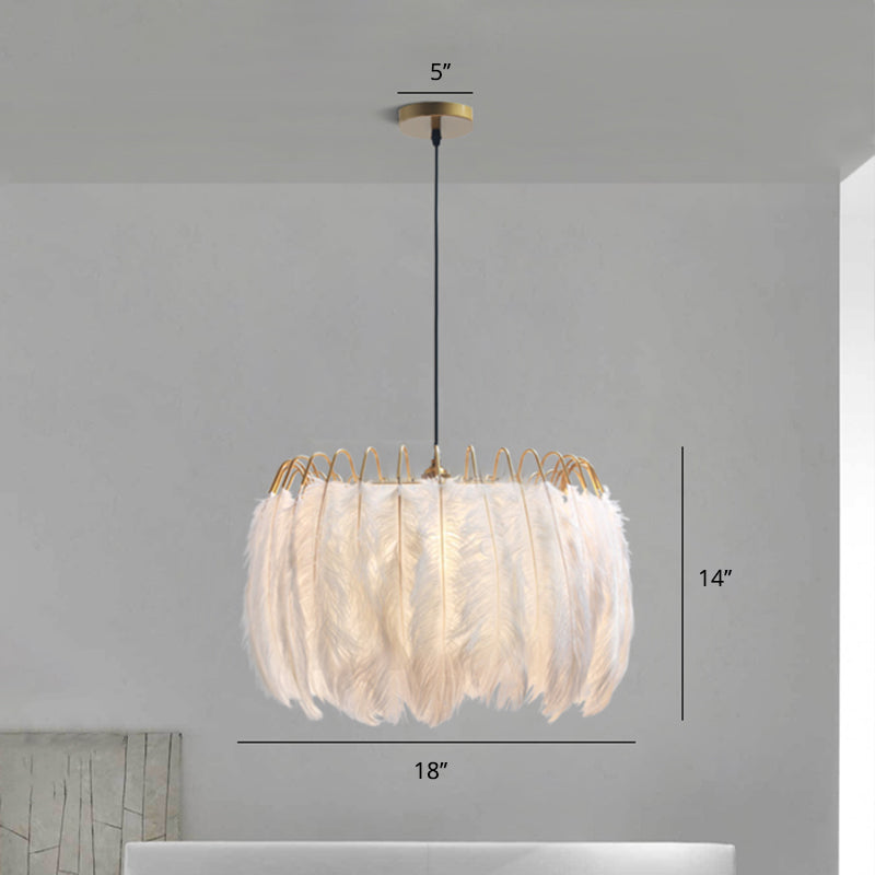 Round Chandelier Light Fixture Postmodern Feather White Hanging Lamp for Bedroom White 18