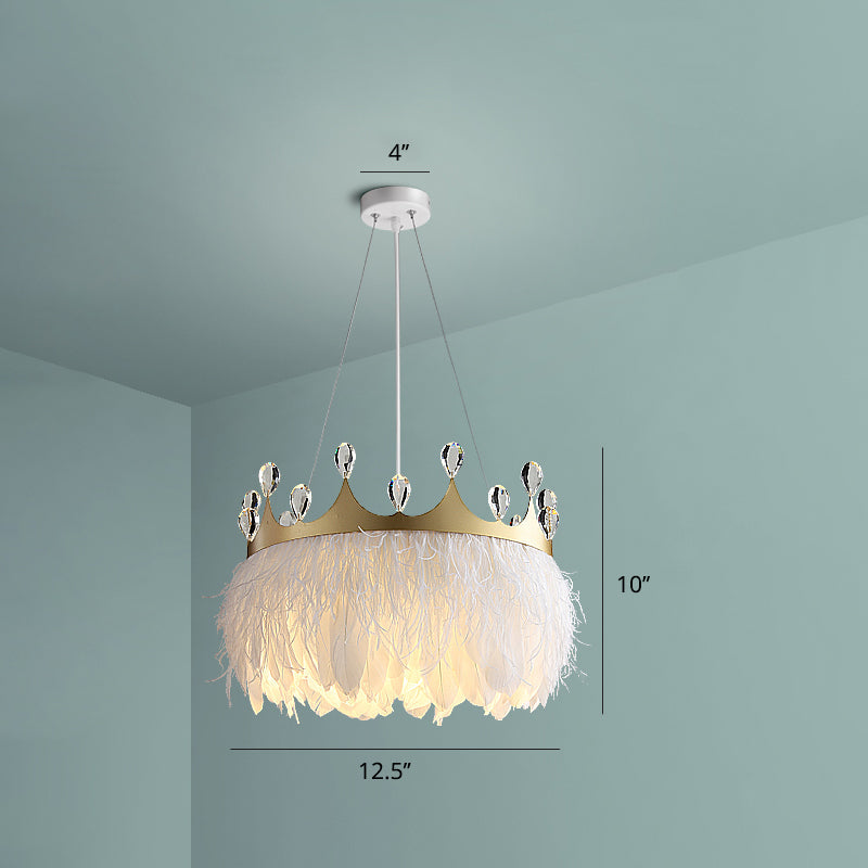 Crown Child Room Chandelier Lamp Feather 1 Bulb Minimalist Pendant Lighting in White with Crystal Accents White Clearhalo 'Ceiling Lights' 'Chandeliers' 'Modern Chandeliers' 'Modern' Lighting' 2415964