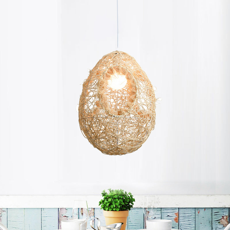 Woven Rattan Egg Shaped Pendant Light for Restaurant Rustic One Bulb Hanging Lamp in Beige Clearhalo 'Ceiling Lights' 'Pendant Lights' 'Pendants' Lighting' 241887