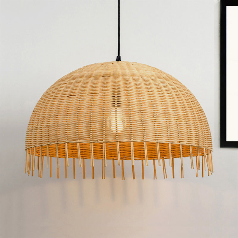 Beige Hand-Woven Pendant Light Fixture with Dome Shade Modern Style 12