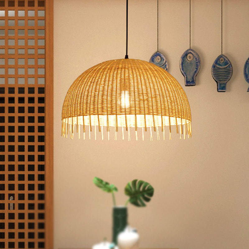 Beige Hand-Woven Pendant Light Fixture with Dome Shade Modern Style 12