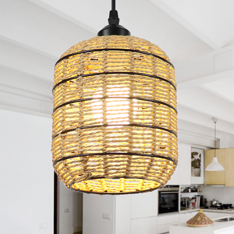 Lantern Suspension Pendant Asian Woven Rattan Single Light Beige Pendant Lamp for Bedroom Clearhalo 'Ceiling Lights' 'Pendant Lights' 'Pendants' Lighting' 241945