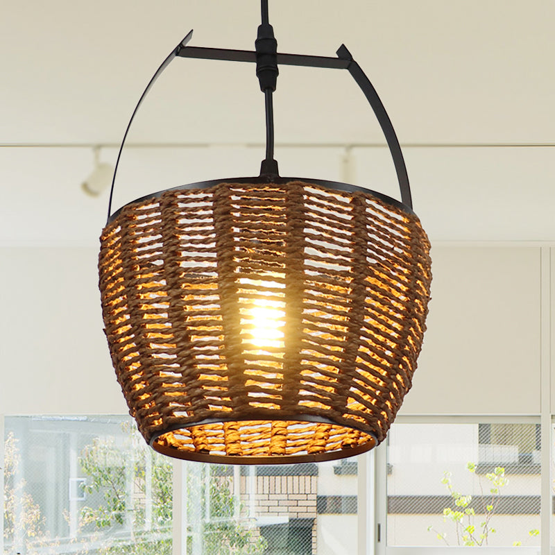 Hand-Woven Rattan Bucket Pendant Light Rustic One Bulb Hanging Lamp in Brown for Living Room Clearhalo 'Ceiling Lights' 'Pendant Lights' 'Pendants' Lighting' 241948