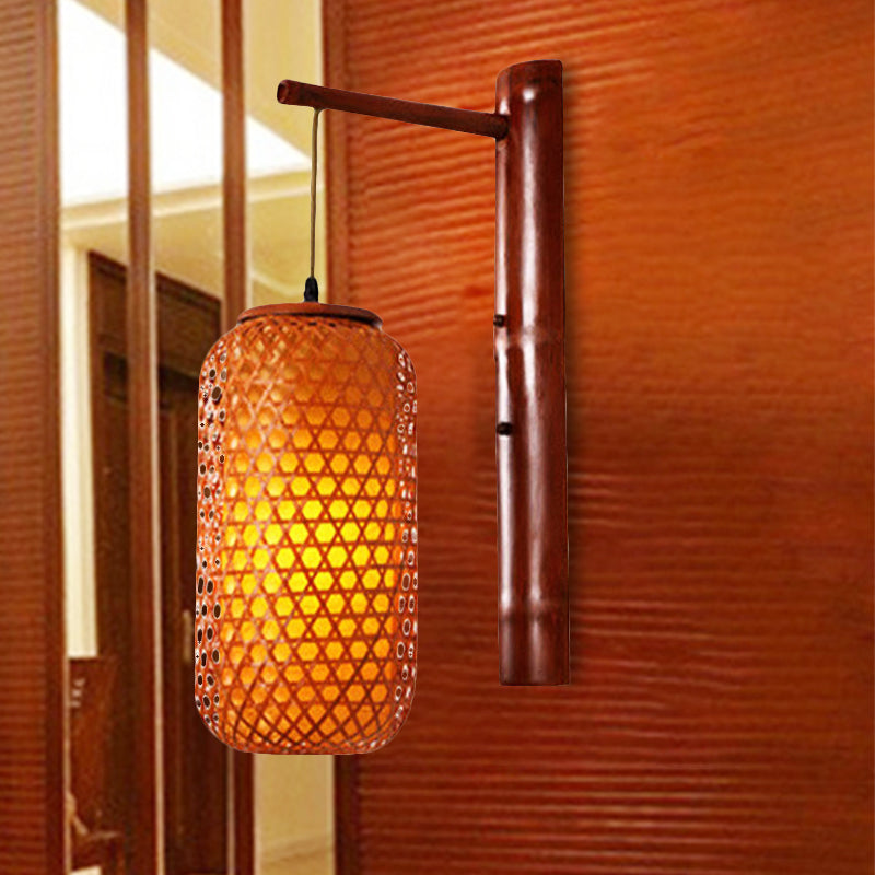 Hand-Knitted Bamboo Wall Lamp Asian Style 1-Light Beige Sconce Fixture with Lantern Design for Hallway Beige Clearhalo 'Wall Lamps & Sconces' 'Wall Lights' Lighting' 241983