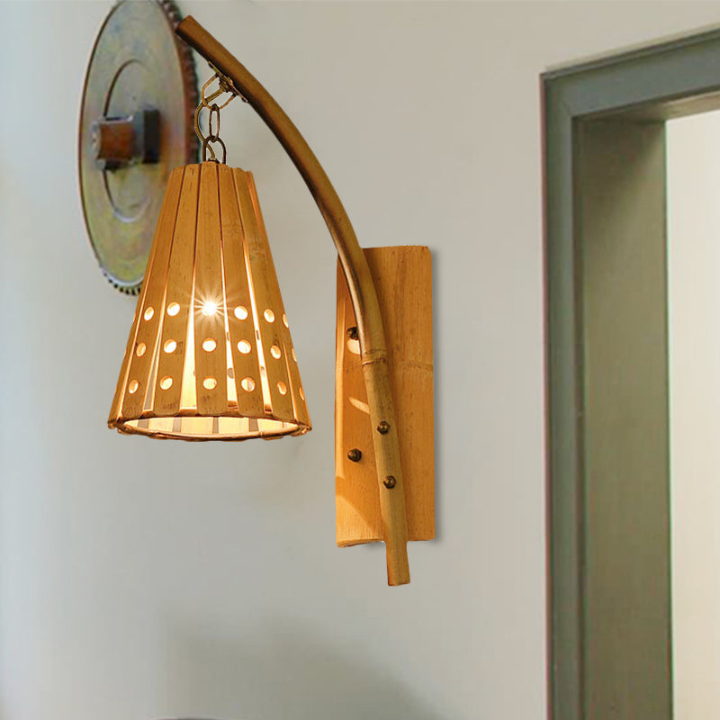 Bamboo Conical Shade Wall Lighting with Hollow Out Design Lodge Style 1-Head Wood Wall Lamp for Bedroom, Left/Right Clearhalo 'Wall Lamps & Sconces' 'Wall Lights' Lighting' 241985