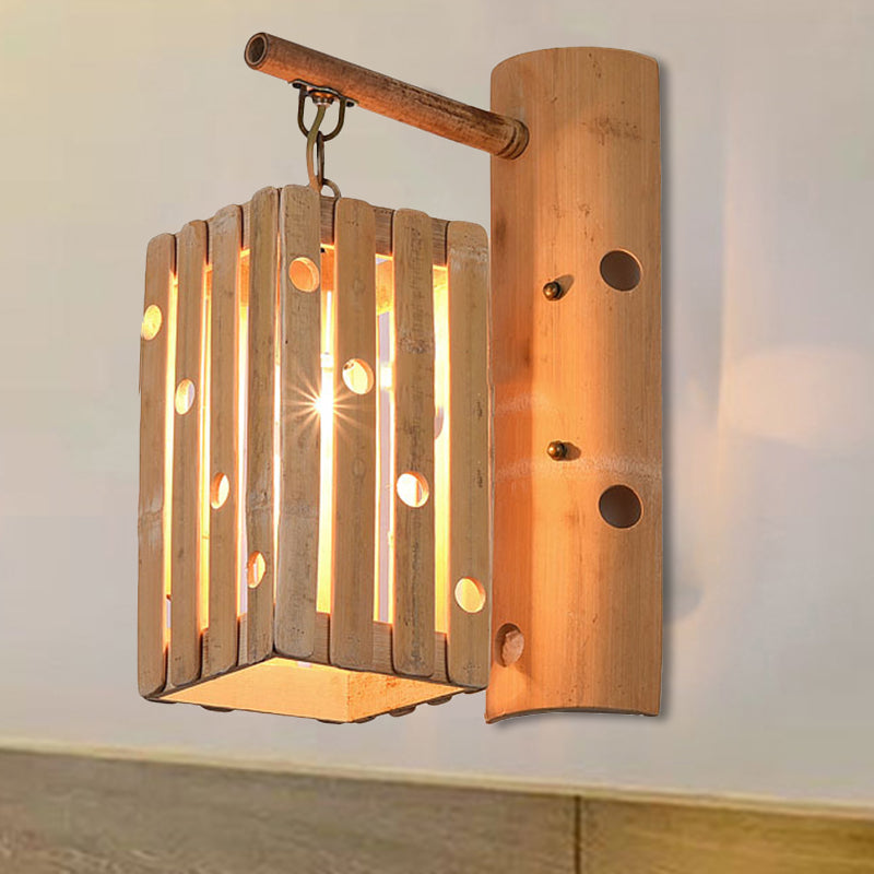 Rectangular Wall Lamp Countryside Bamboo 1-Light Wood Wall Lighting with Pierced Design for Bedroom Clearhalo 'Wall Lamps & Sconces' 'Wall Lights' Lighting' 241988