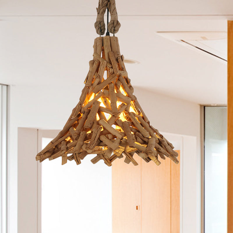 Wood Sticks Flared Hanging Light Rustic 1 Light Suspension Pendant in Beige for Indoor Clearhalo 'Ceiling Lights' 'Modern Pendants' 'Modern' 'Pendant Lights' 'Pendants' Lighting' 242052