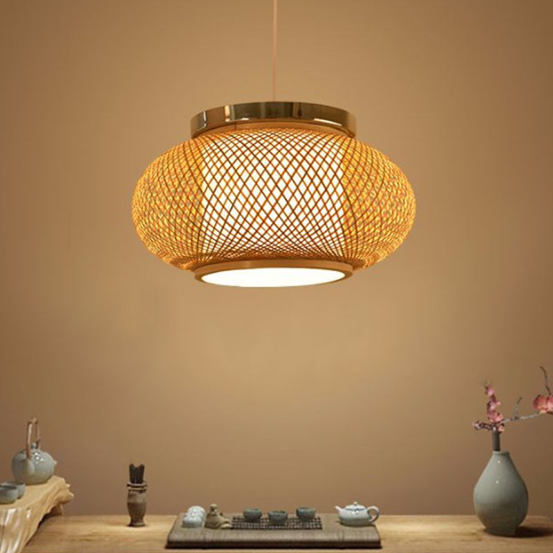 Asian Style 1 Light Hanging Lamp with Bamboo Shade Beige Rounded Drum Pendant Light Fixture, 16