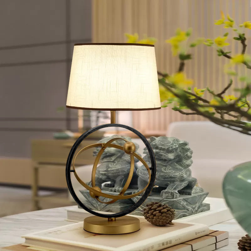 1-Light Bedroom Night Lamp Contemporary Bronze Fabric Table Light with Round Metal Base Clearhalo 'Lamps' 'Table Lamps' Lighting' 2422245