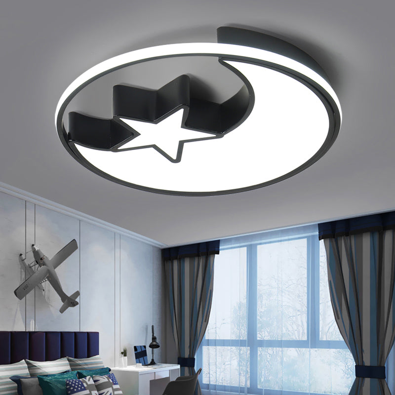 Kids LED Flush Mounted Lamp Black Crescent and Star Ceiling Lighting with Acrylic Shade Black 16.5