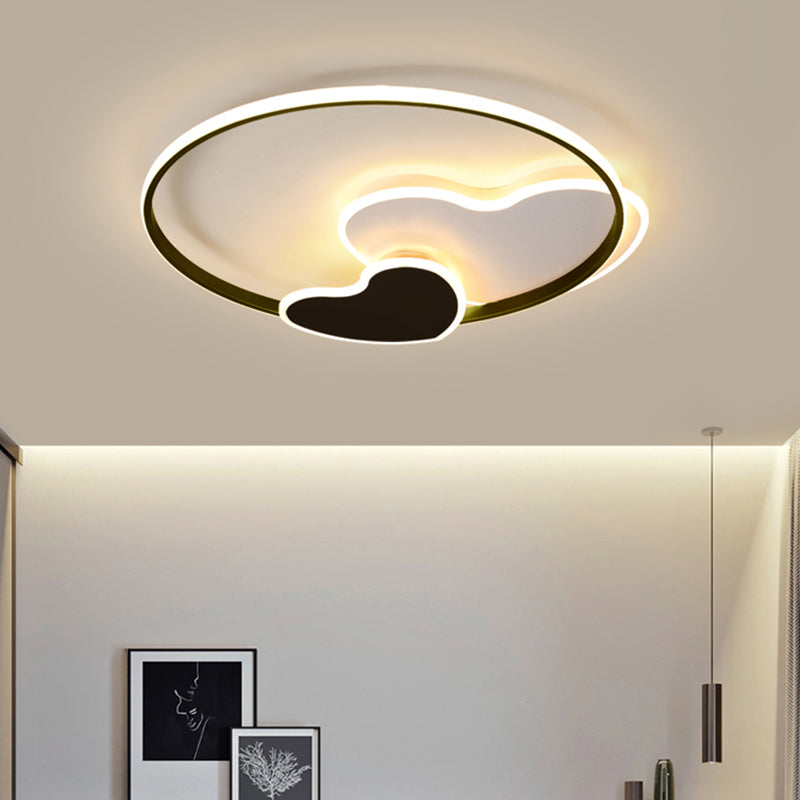 Black and White Heart Flushmount Simplicity LED Acrylic Ceiling Light with Metal Ring Black-White 19.5