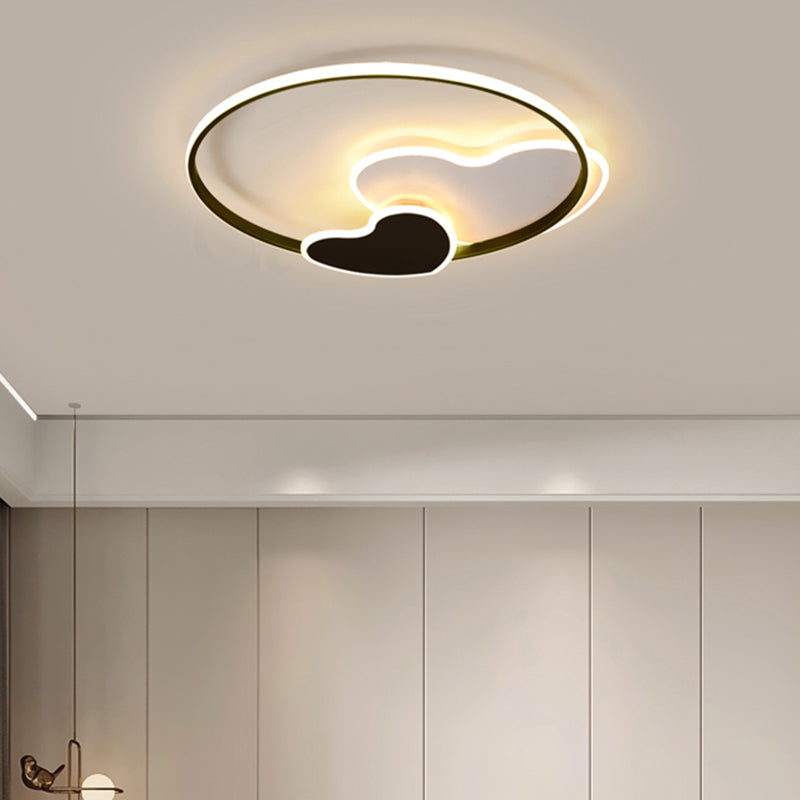 Black and White Heart Flushmount Simplicity LED Acrylic Ceiling Light with Metal Ring Black-White 16