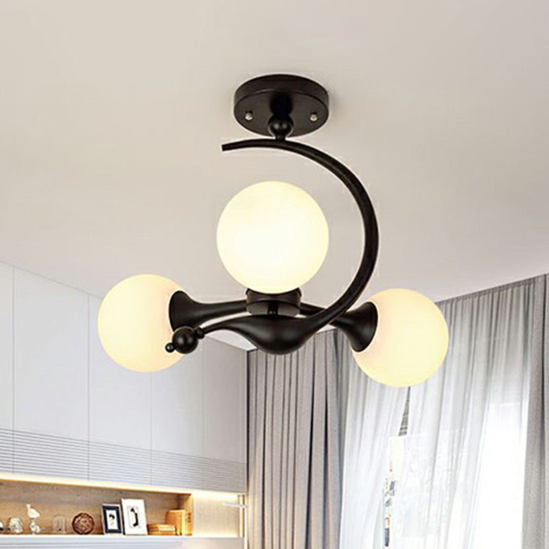 Spherical Semi Flush Mount Fixture Modern Milk Glass Dining Room Ceiling Mounted Light 3 Black Clearhalo 'Ceiling Lights' 'Close To Ceiling Lights' 'Close to ceiling' 'Semi-flushmount' Lighting' 2422984