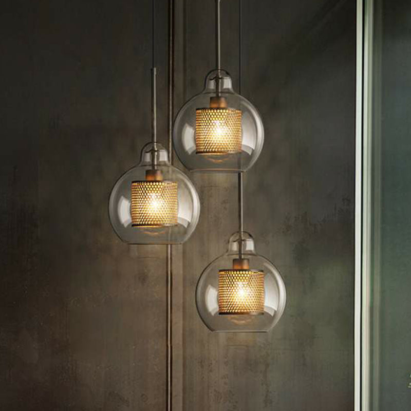 Geometric Clear Glass Ceiling Pendant Postmodern 1 Bulb Brass Finish Hanging Light with Mesh Inside Clearhalo 'Ceiling Lights' 'Chandeliers' 'Glass shade' 'Glass' 'Modern Pendants' 'Modern' 'Pendant Lights' 'Pendants' Lighting' 2423068