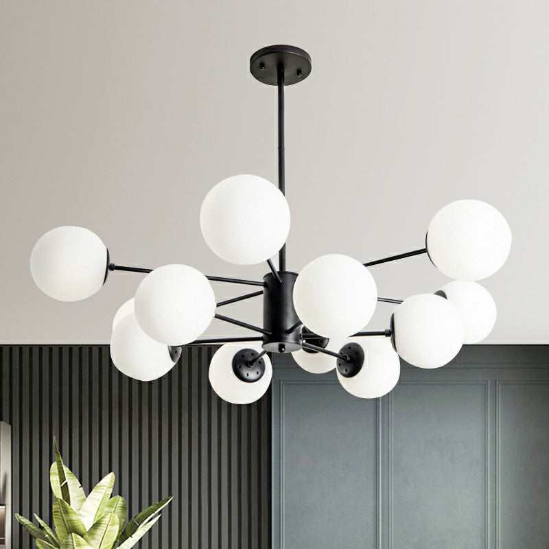 Black Burst Hanging Lamp Modern Metal Chandelier with Ball Opaline Glass Shade for Bedroom Clearhalo 'Ceiling Lights' 'Chandeliers' 'Modern Chandeliers' 'Modern' Lighting' 2423097