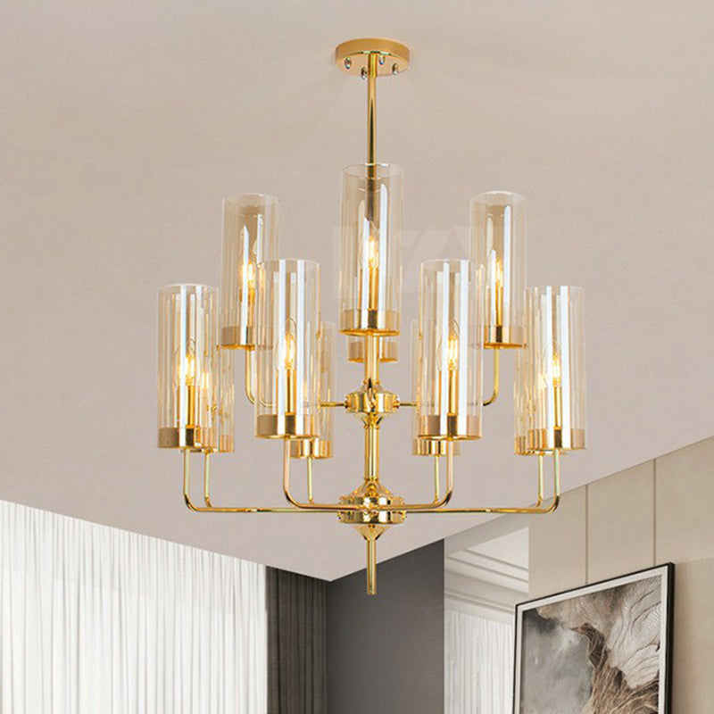 Cylindrical Up Chandelier Postmodern Glass Brass Finish Hanging Light for Living Room 12 Tan Clearhalo 'Ceiling Lights' 'Chandeliers' 'Modern Chandeliers' 'Modern' Lighting' 2423109