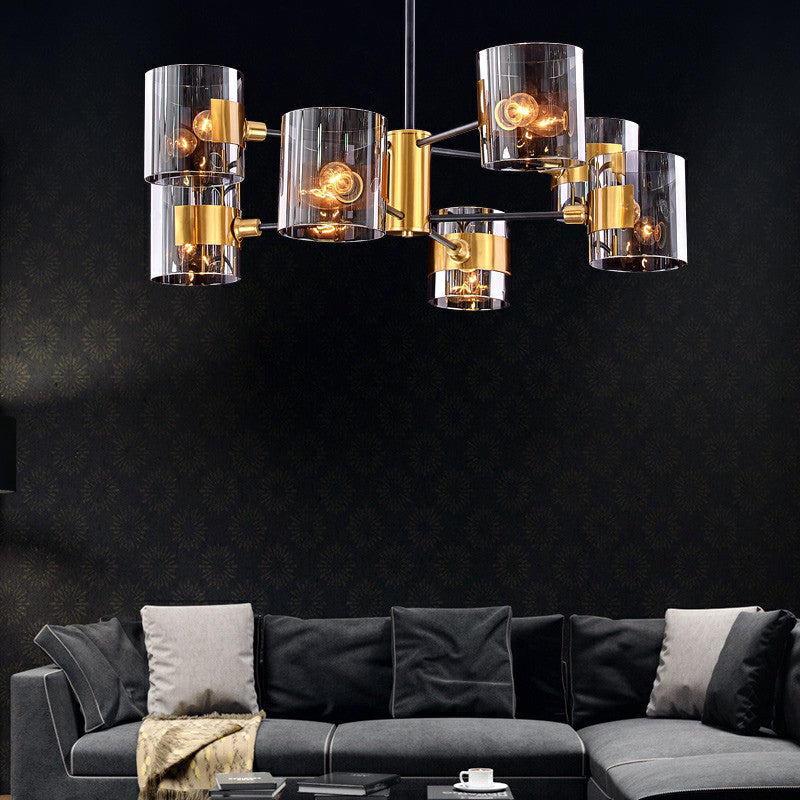 Smoke Grey Glass Cylinder Chandelier Minimalistic Black-Brass Ceiling Pendant Light for Dining Room 8 Black Clearhalo 'Ceiling Lights' 'Chandeliers' 'Modern Chandeliers' 'Modern' Lighting' 2423122