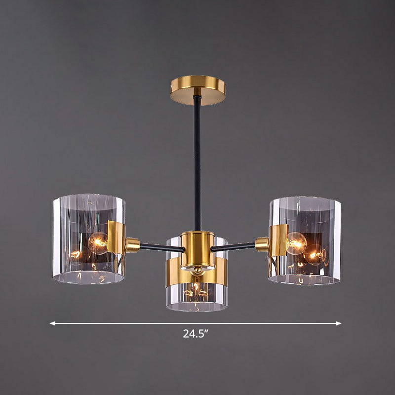 Smoke Grey Glass Cylinder Chandelier Minimalistic Black-Brass Ceiling Pendant Light for Dining Room 3 Black Clearhalo 'Ceiling Lights' 'Chandeliers' 'Modern Chandeliers' 'Modern' Lighting' 2423123