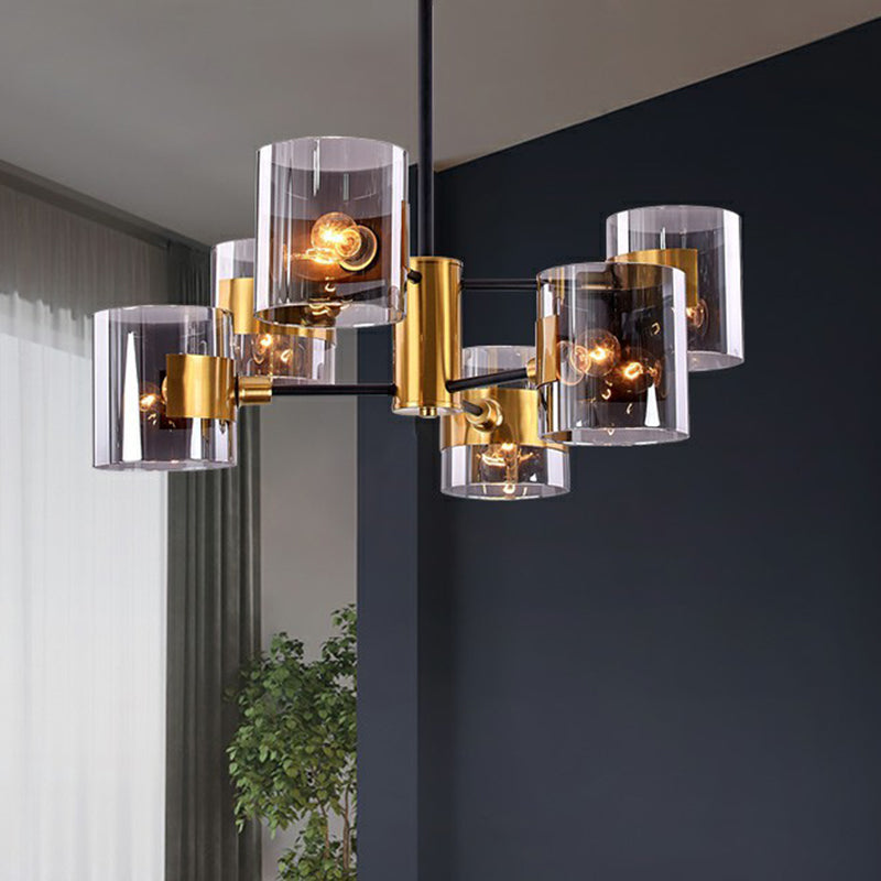 Smoke Grey Glass Cylinder Chandelier Minimalistic Black-Brass Ceiling Pendant Light for Dining Room 6 Black Clearhalo 'Ceiling Lights' 'Chandeliers' 'Modern Chandeliers' 'Modern' Lighting' 2423125