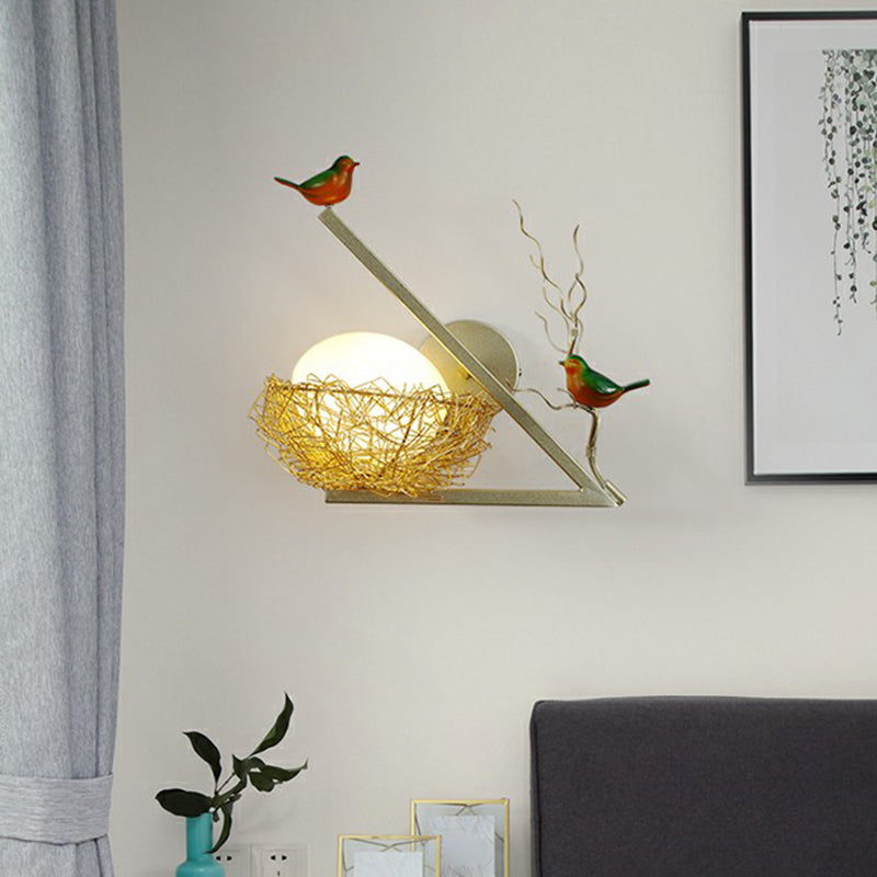 Aluminum Bird Den Wall Sconce Art Decor 1-Light Gold Wall Lamp with Oval White Glass Shade Clearhalo 'Wall Lamps & Sconces' 'Wall Lights' Lighting' 2423187