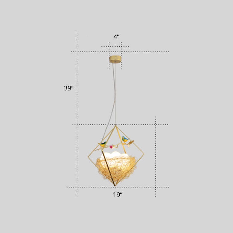 Birds Nest Chandelier Nordic Metal 3-Light Beige Hanging Light with Rhombus Frame and Egg Shade Clearhalo 'Ceiling Lights' 'Chandeliers' Lighting' options 2423250