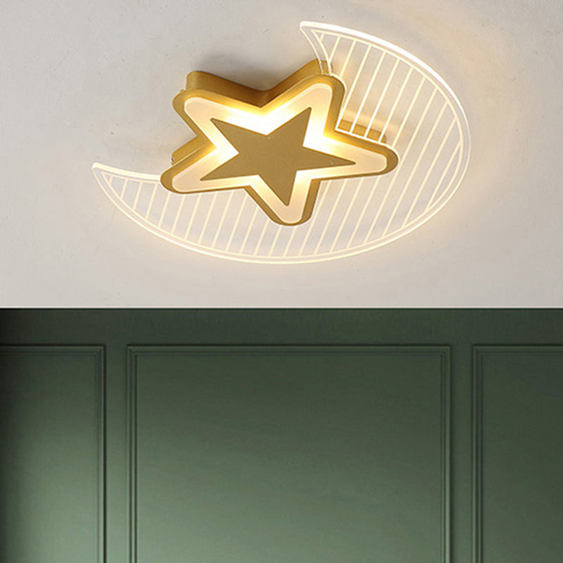 Crescent and Star LED Flush Light Nordic Acrylic Bedroom Ceiling Mounted Light Fixture Gold 16.5