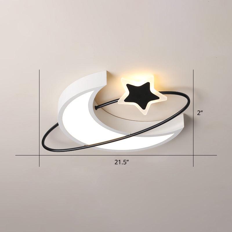 Minimalist Moon and Star Ceiling Light Acrylic Bedroom LED Flush Mount Lamp in Black-White White 21.5