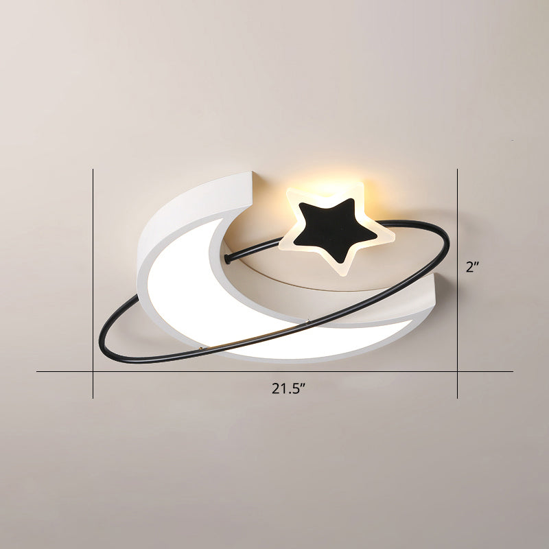 Minimalist Moon and Star Ceiling Light Acrylic Bedroom LED Flush Mount Lamp in Black-White White 21.5