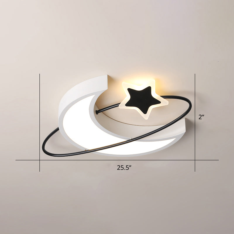 Minimalist Moon and Star Ceiling Light Acrylic Bedroom LED Flush Mount Lamp in Black-White White 25.5