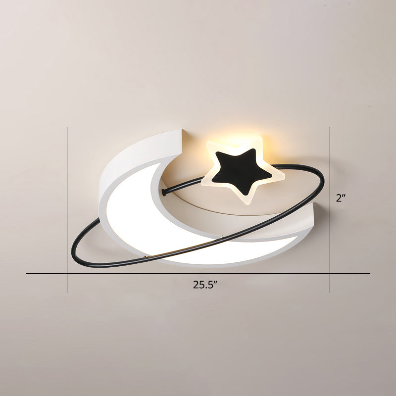 Minimalist Moon and Star Ceiling Light Acrylic Bedroom LED Flush Mount Lamp in Black-White White 25.5