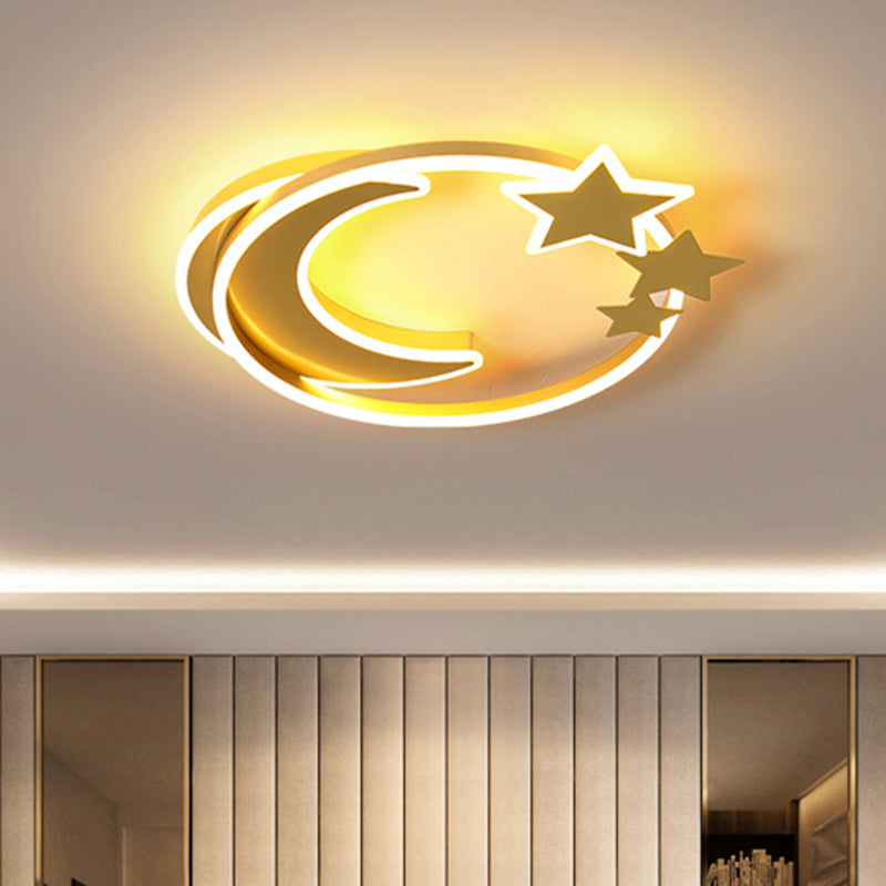 Cartoon Crescent and Star Flushmount Aluminum Bedroom LED Flush Ceiling Light Fixture Gold 18.5