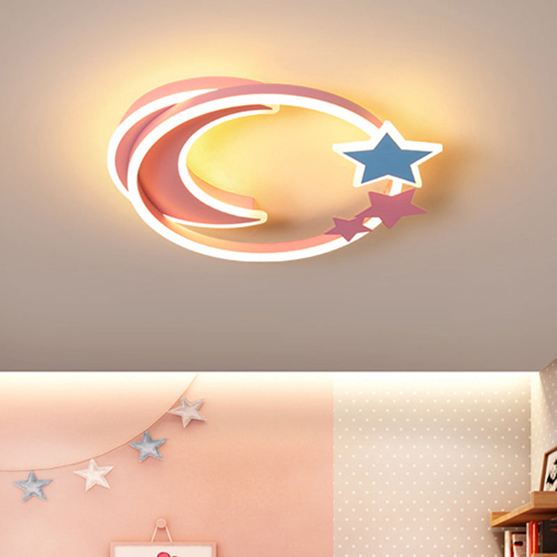 Cartoon Crescent and Star Flushmount Aluminum Bedroom LED Flush Ceiling Light Fixture Pink 18.5