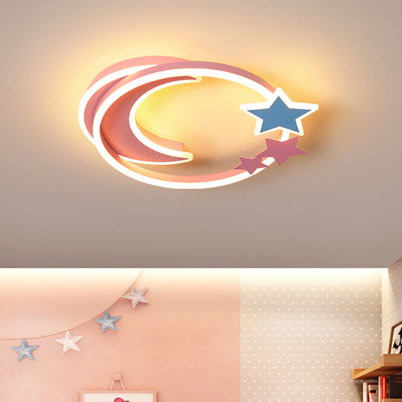 Cartoon Crescent and Star Flushmount Aluminum Bedroom LED Flush Ceiling Light Fixture Pink 18.5