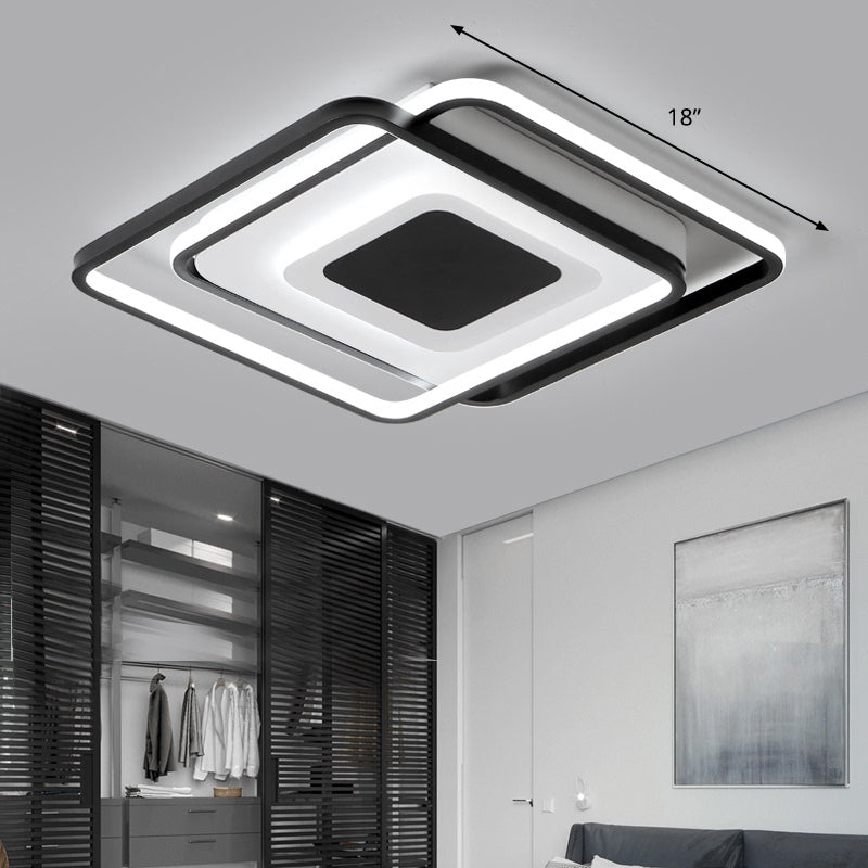 Square Bedroom Flush Light Metal Modern Style LED Ceiling Mounted Fixture in Black Black 18