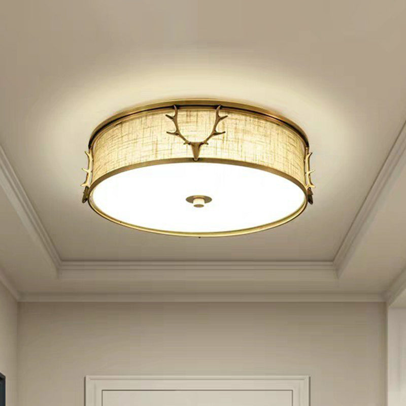 Fabric Drum Flush Ceiling Light Nordic Style Flush Light with Decorative Antler for Foyer Clearhalo 'Ceiling Lights' 'Close To Ceiling Lights' 'Close to ceiling' 'Flush mount' Lighting' 2423774