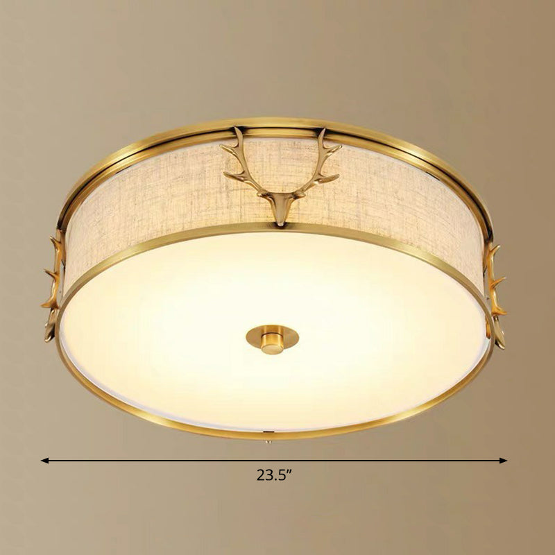 Fabric Drum Flush Ceiling Light Nordic Style Flush Light with Decorative Antler for Foyer Brass 23.5