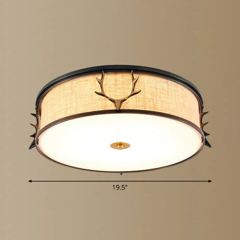 Fabric Drum Flush Ceiling Light Nordic Style Flush Light with Decorative Antler for Foyer Black 19.5